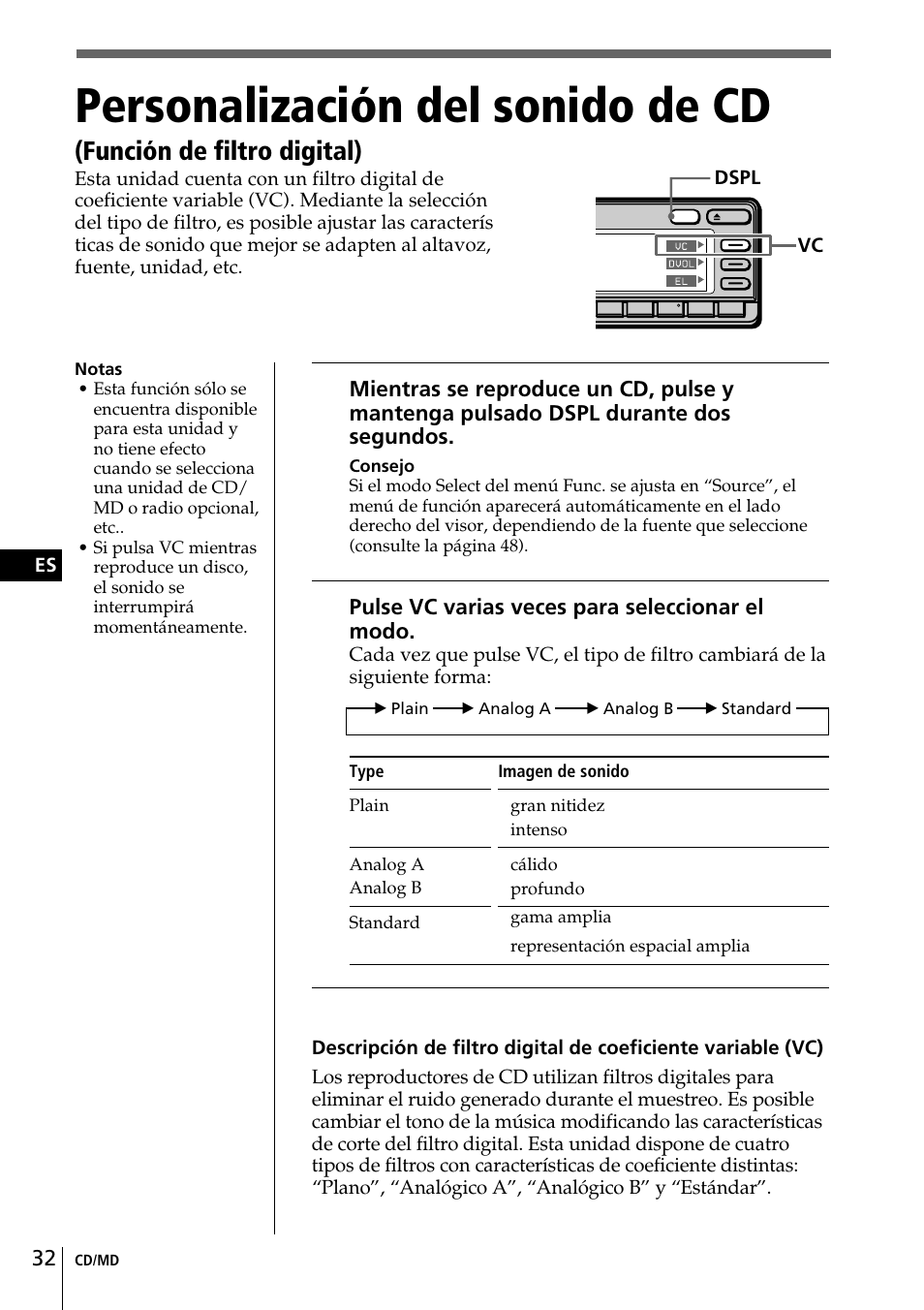 Personalización del sonido de la cd, Función de filtro digital), Personalización del sonido de cd | Sony CDX-C90 User Manual | Page 98 / 134