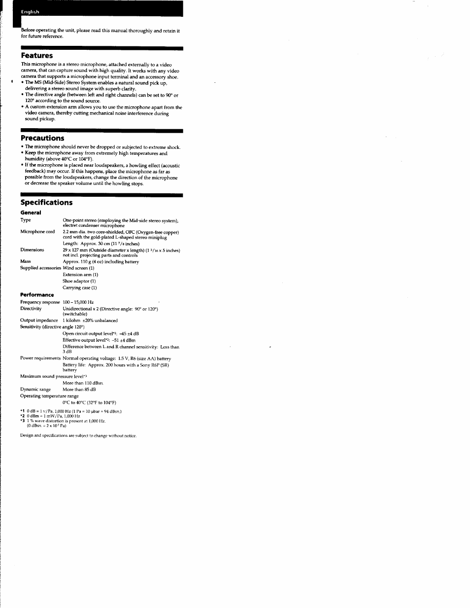 Features, Precautions, Specifications | General, Performance | Sony ECM MS908C User Manual | Page 2 / 12