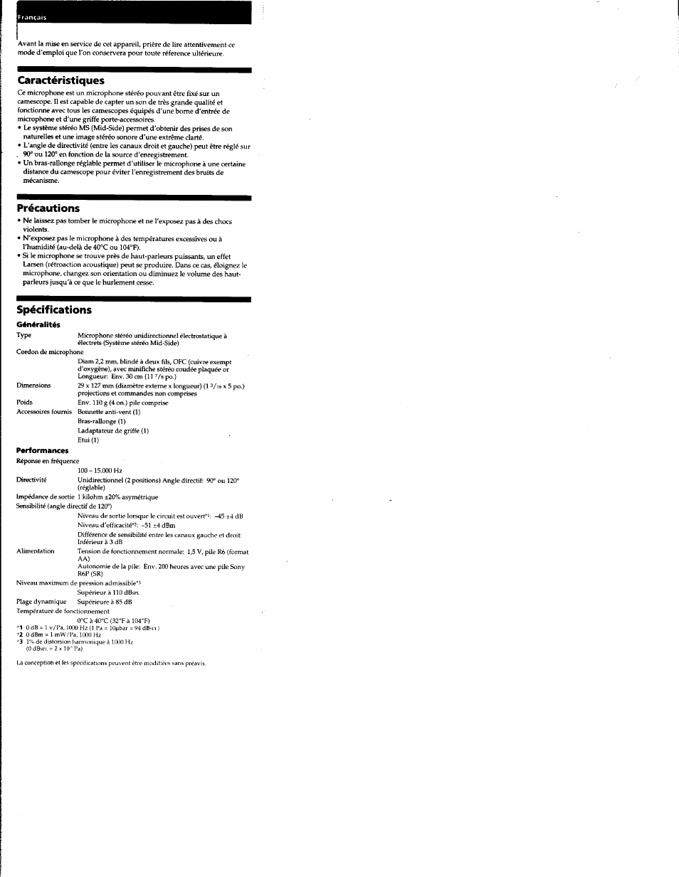 Caractéristiques, Précautions, Spécifications | Généralités, Performances | Sony ECM MS908C User Manual | Page 3 / 12