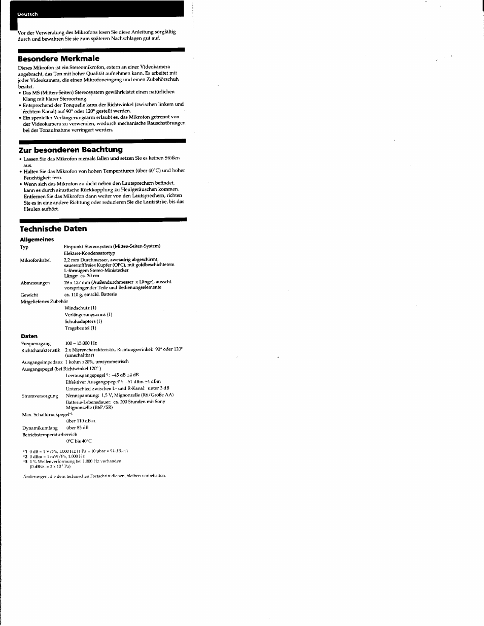 Besondere merkmale, Zur besonderen beachtung, Technische daten | Allgemeines, Daten | Sony ECM MS908C User Manual | Page 4 / 12