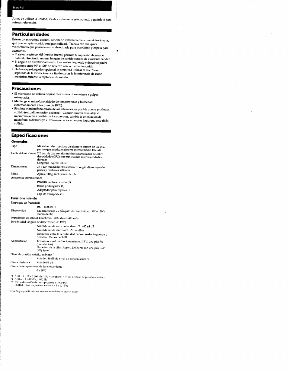 Particularidades, Precauciones, Especificaciones | Generales, Funcionamiento | Sony ECM MS908C User Manual | Page 5 / 12