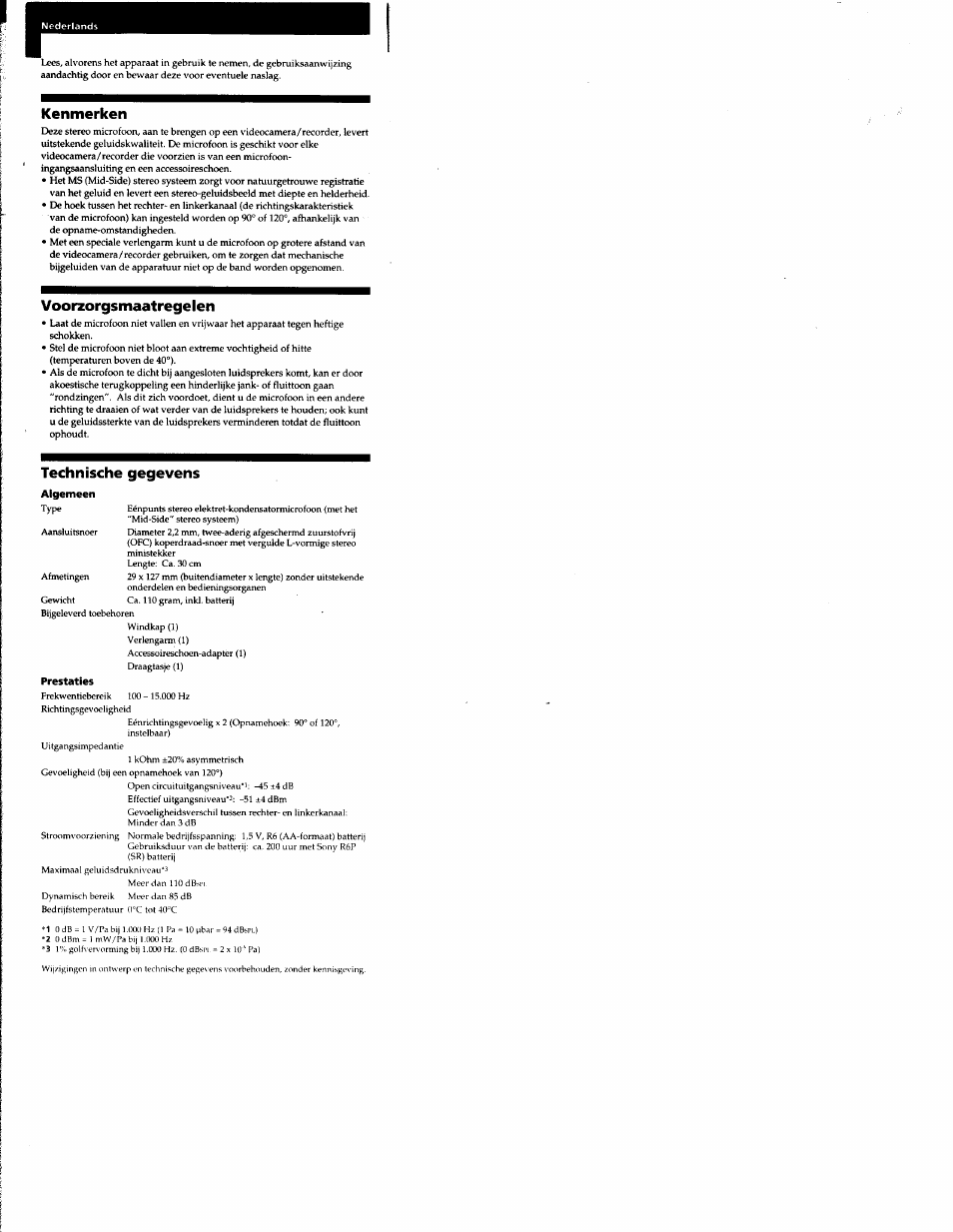 Kenmerken, Voorzorgsmaatregelen, Technische gegevens | Aigemeen, Prestaties | Sony ECM MS908C User Manual | Page 6 / 12