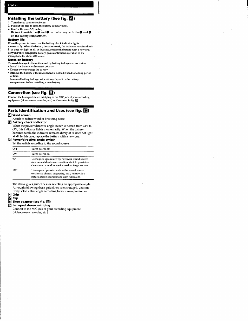 Installing the battery (see fig. q), Battery life, Notes on battery | Connection (see fig. [0), Parts identification and uses (see fig. qj), T] wind screen, 2] battery check indicator, B] grip e cap, E shoe adaptor (see fig. [i]), E l-shaped stereo miniplug | Sony ECM MS908C User Manual | Page 8 / 12