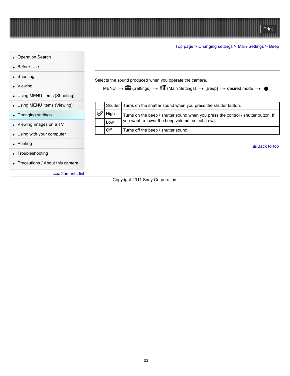 Beep | Sony DSC-W510 User Manual | Page 103 / 167