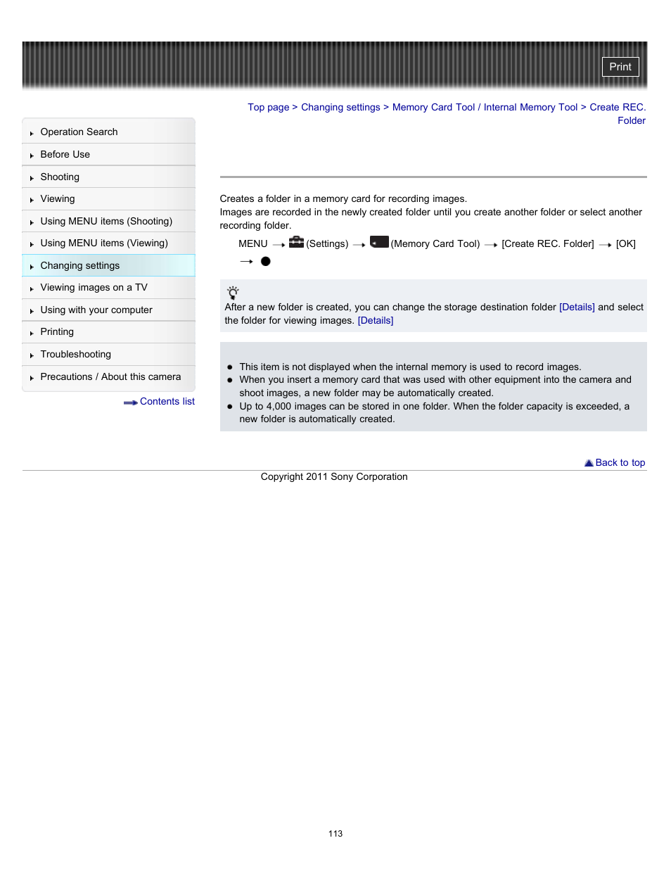 Create rec. folder | Sony DSC-W510 User Manual | Page 113 / 167