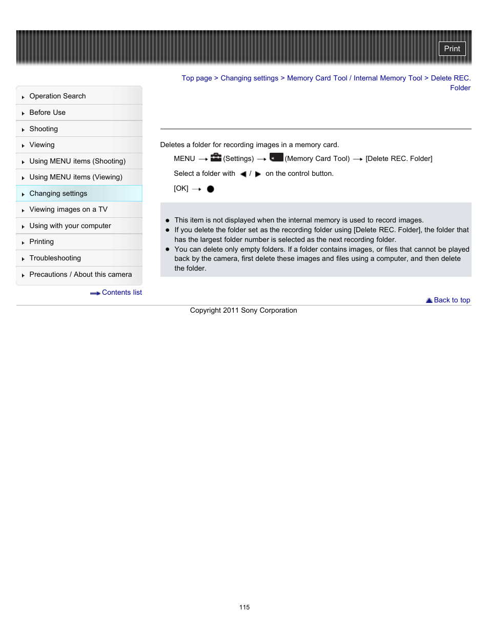 Delete rec. folder | Sony DSC-W510 User Manual | Page 115 / 167