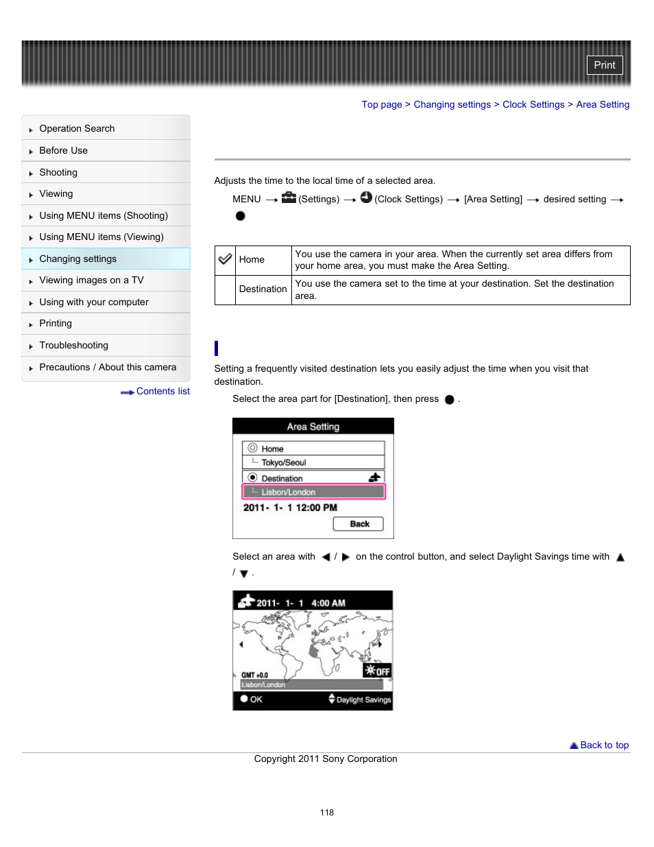 Area setting | Sony DSC-W510 User Manual | Page 118 / 167