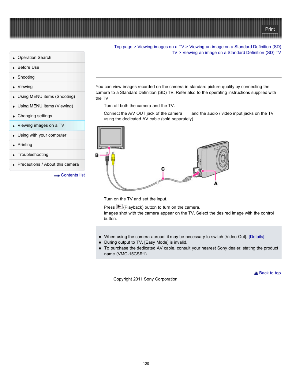 Viewing an image on a standard definition (sd) tv | Sony DSC-W510 User Manual | Page 120 / 167