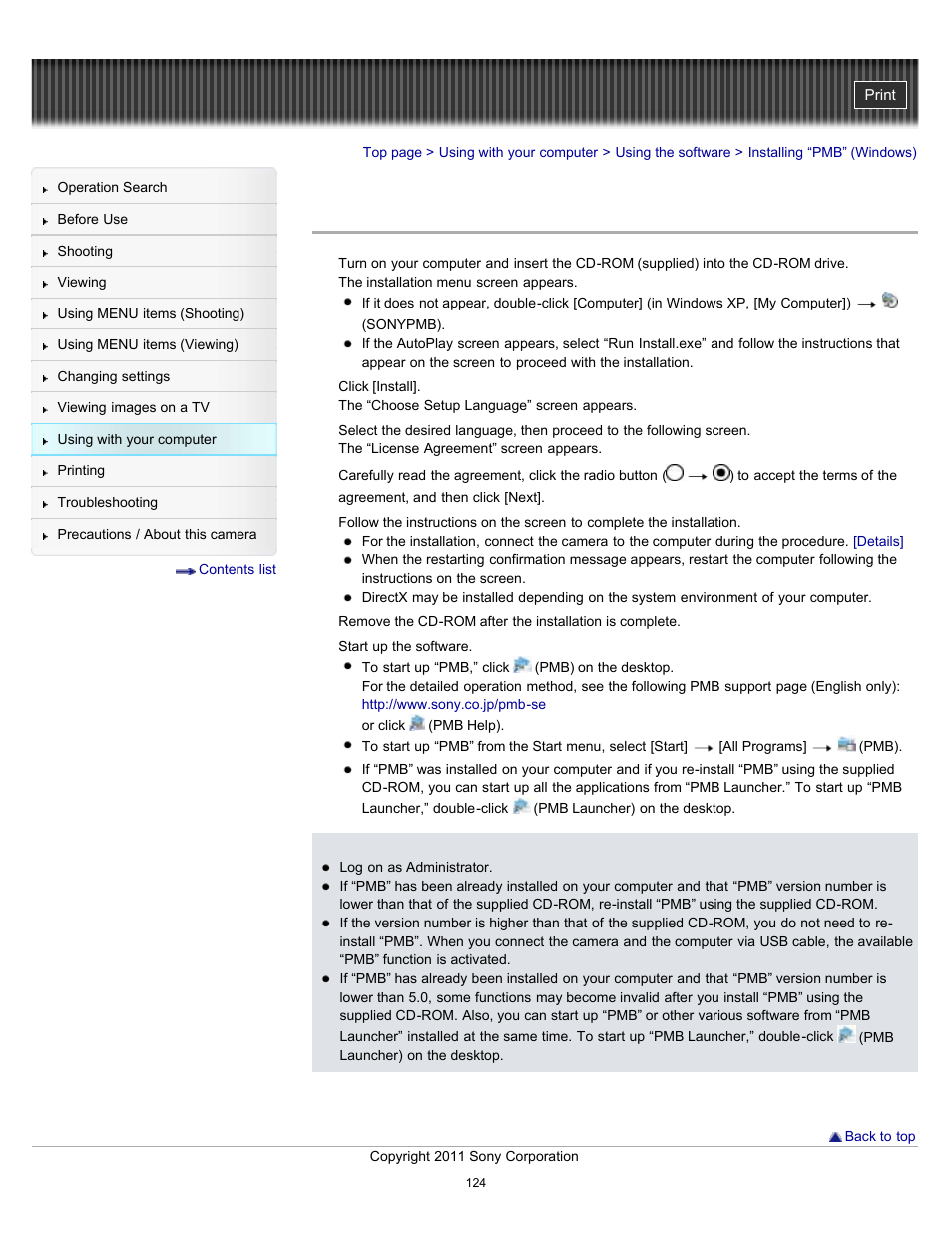 Installing “pmb” (windows) | Sony DSC-W510 User Manual | Page 124 / 167