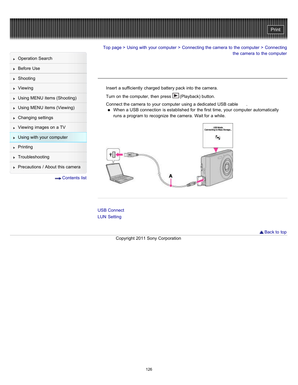 Connecting the camera to the computer, Details | Sony DSC-W510 User Manual | Page 126 / 167