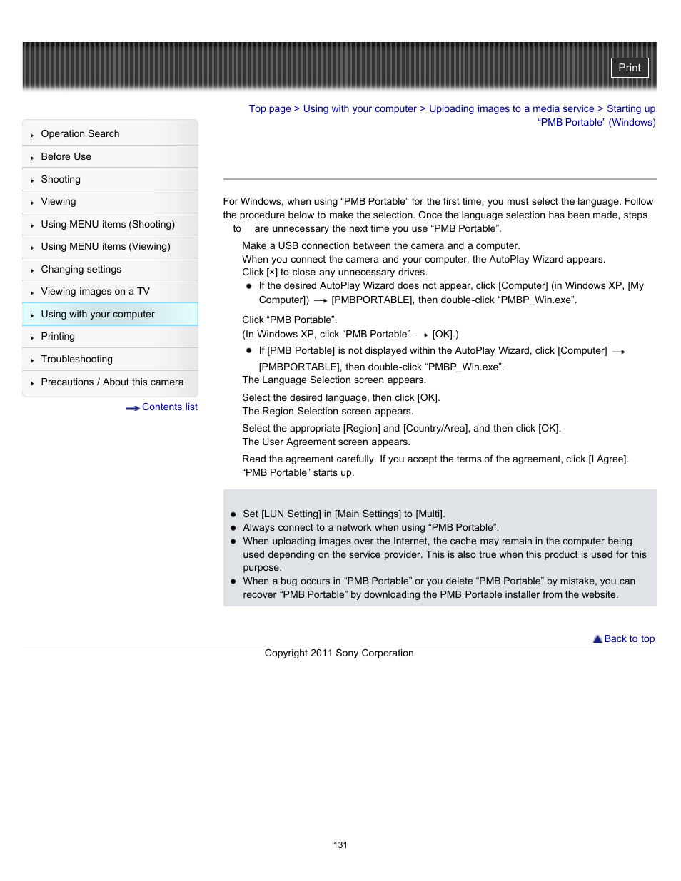 Starting up “pmb portable” (windows) | Sony DSC-W510 User Manual | Page 131 / 167