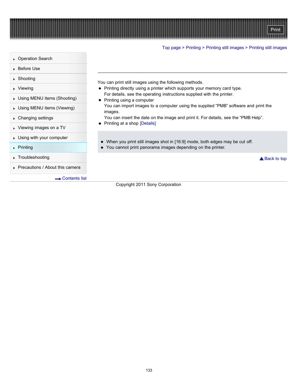 Printing still images | Sony DSC-W510 User Manual | Page 133 / 167