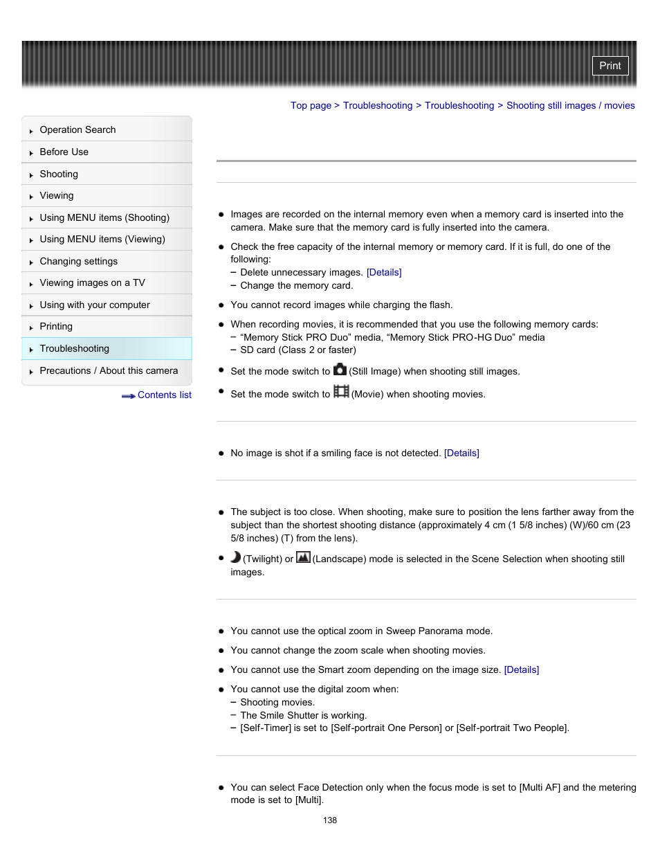 Shooting still images / movies | Sony DSC-W510 User Manual | Page 138 / 167