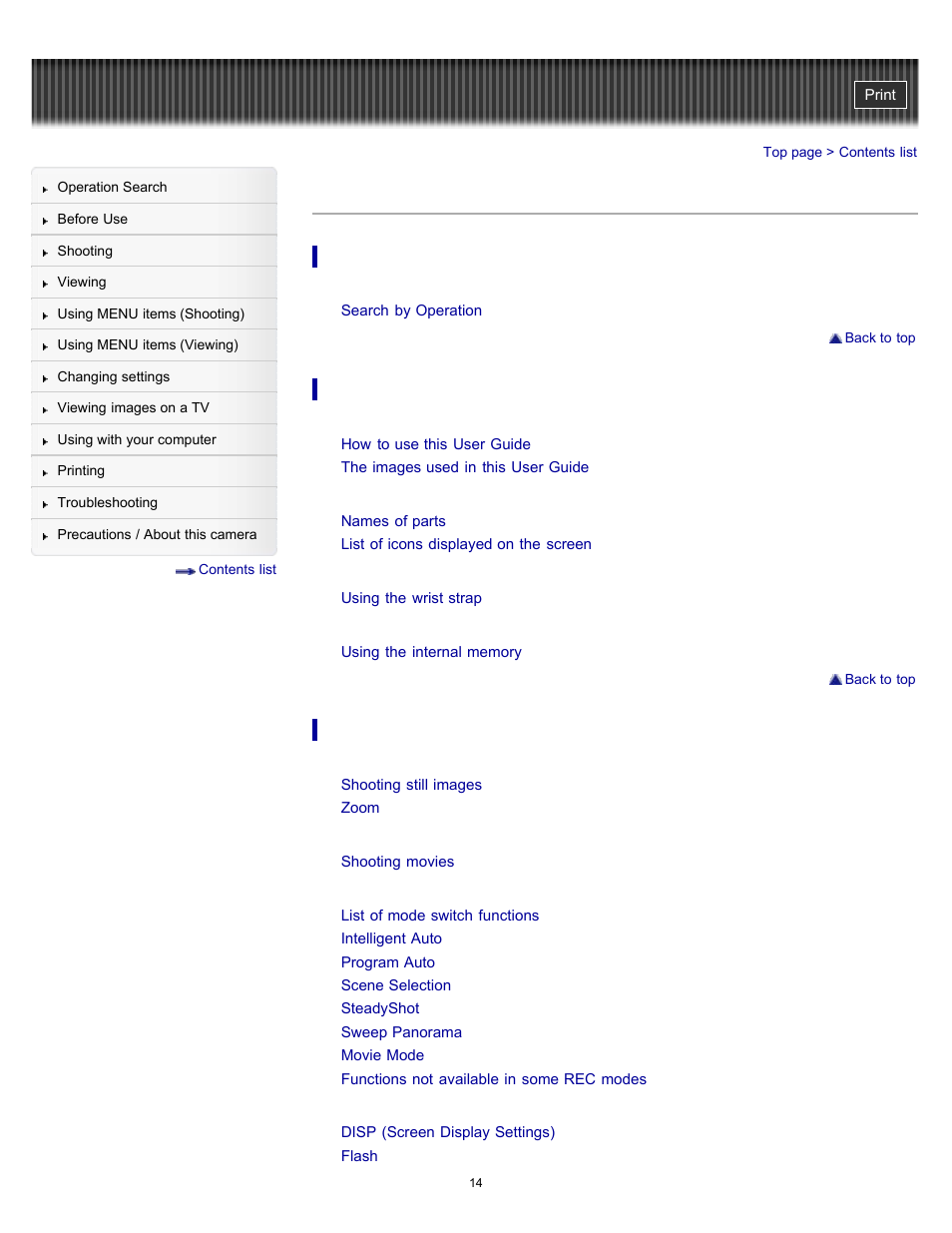 Contents list | Sony DSC-W510 User Manual | Page 14 / 167