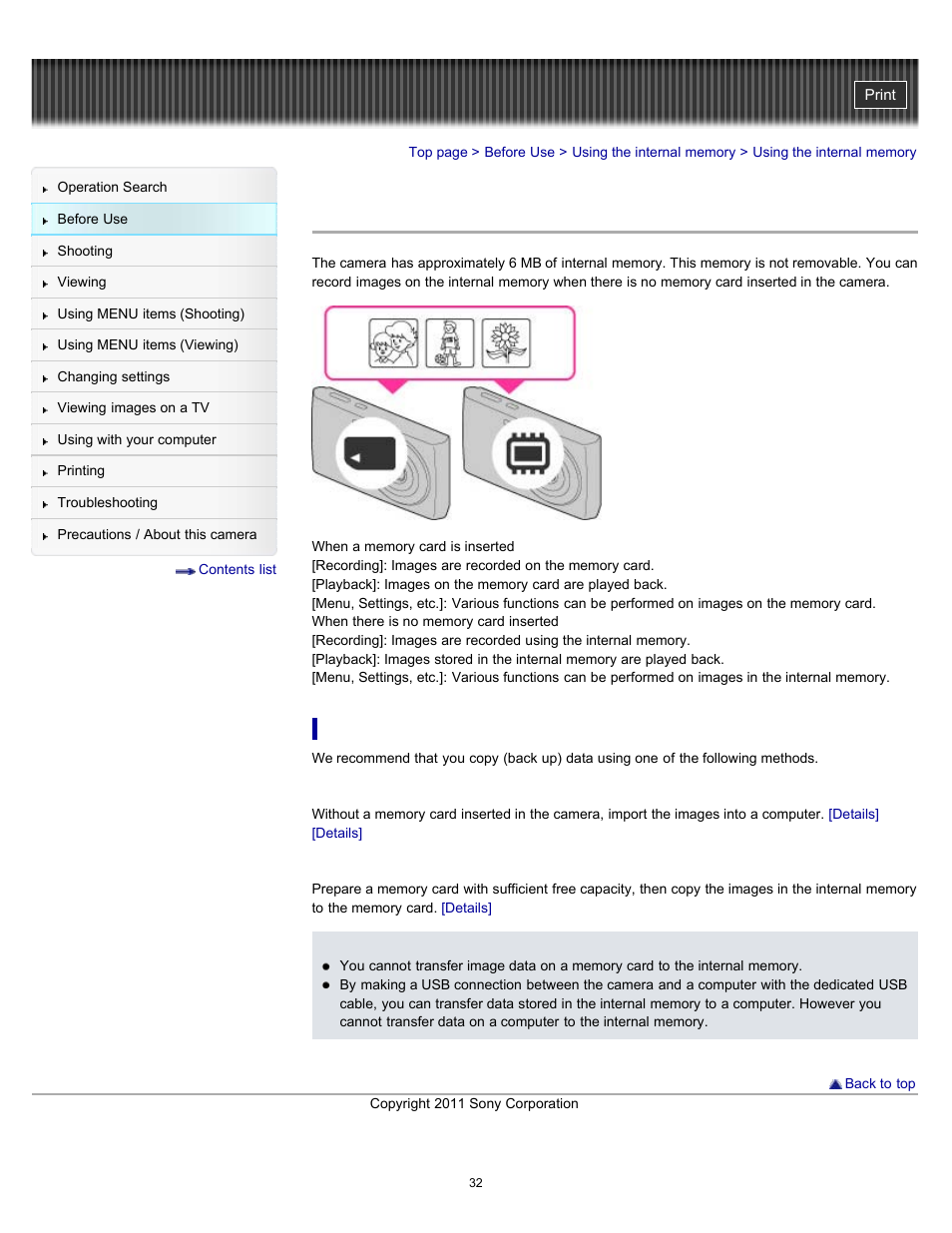 Using the internal memory | Sony DSC-W510 User Manual | Page 32 / 167