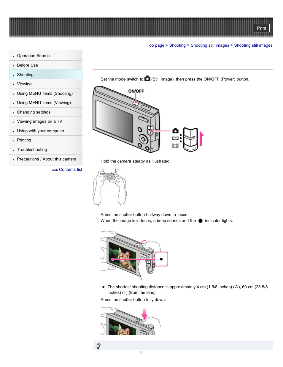 Shooting still images | Sony DSC-W510 User Manual | Page 33 / 167