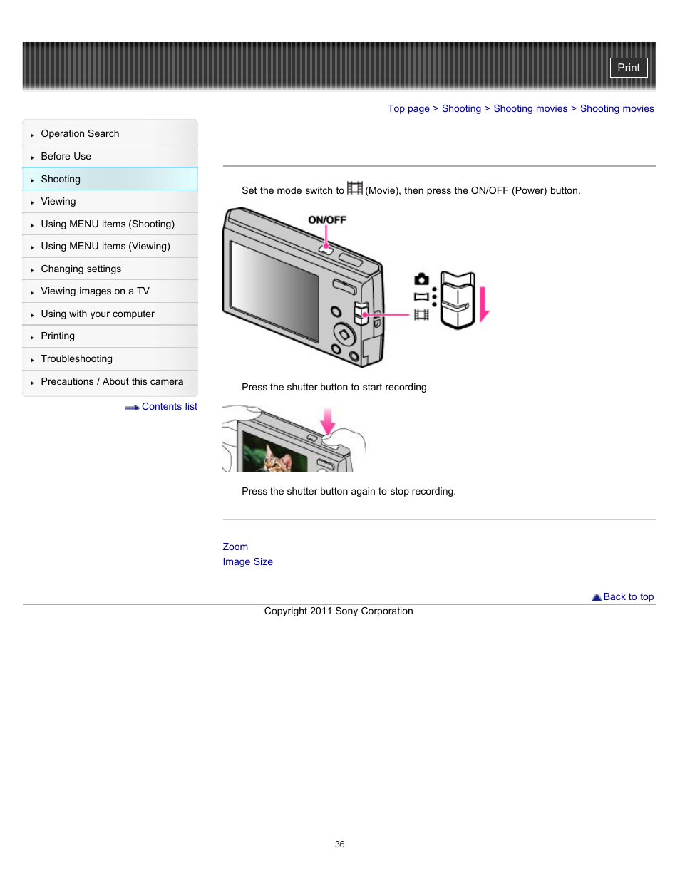 Shooting movies | Sony DSC-W510 User Manual | Page 36 / 167