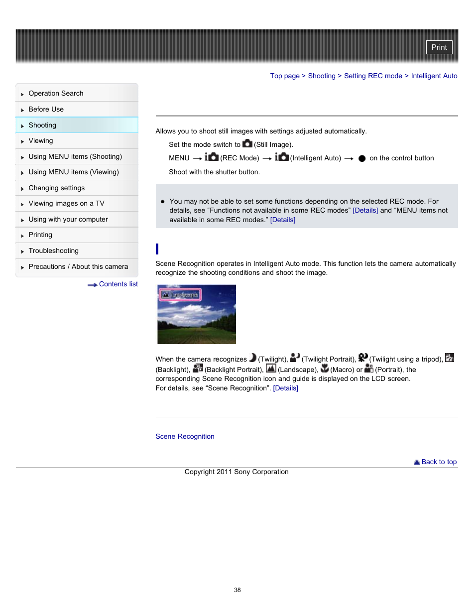 Intelligent auto | Sony DSC-W510 User Manual | Page 38 / 167