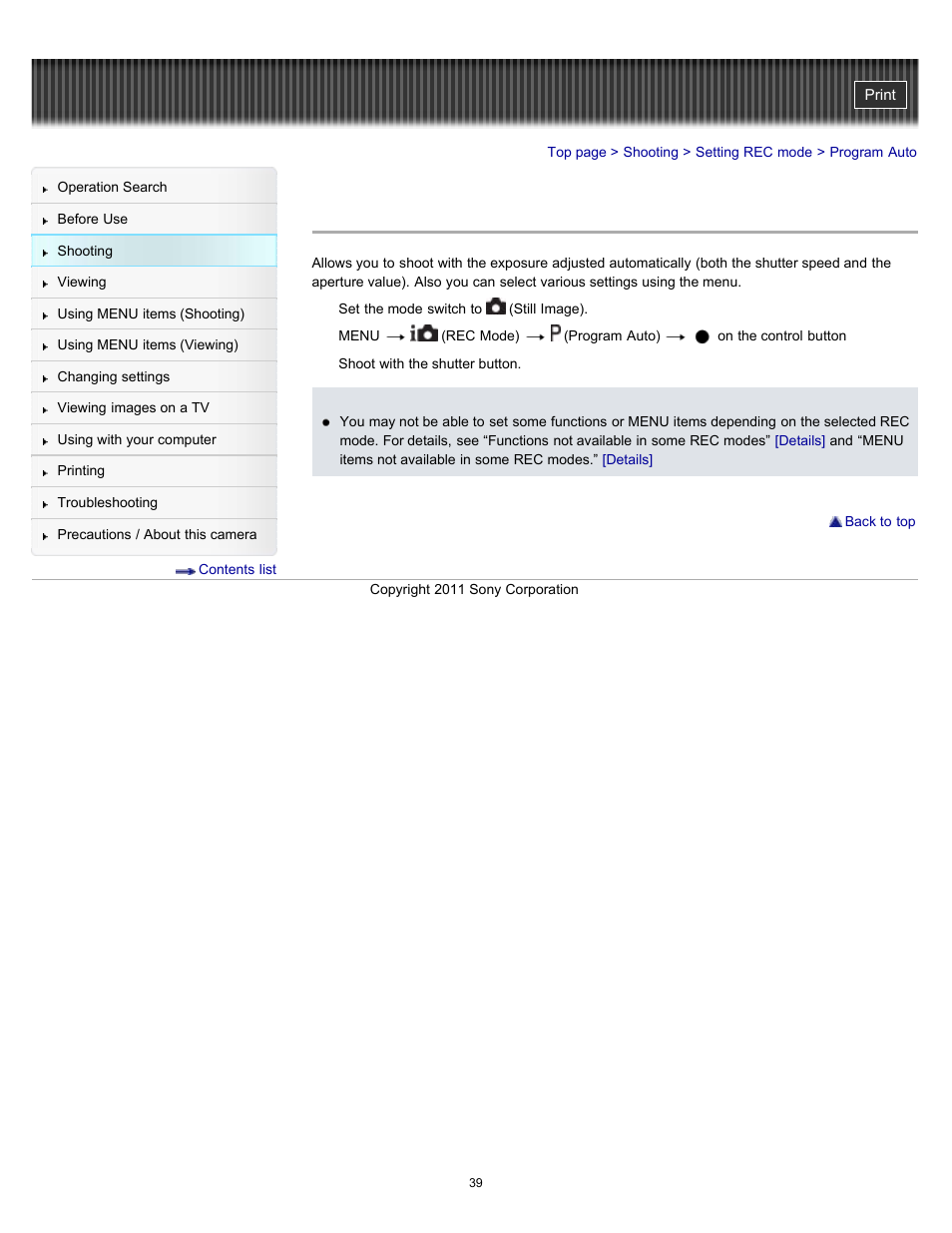 Program auto | Sony DSC-W510 User Manual | Page 39 / 167