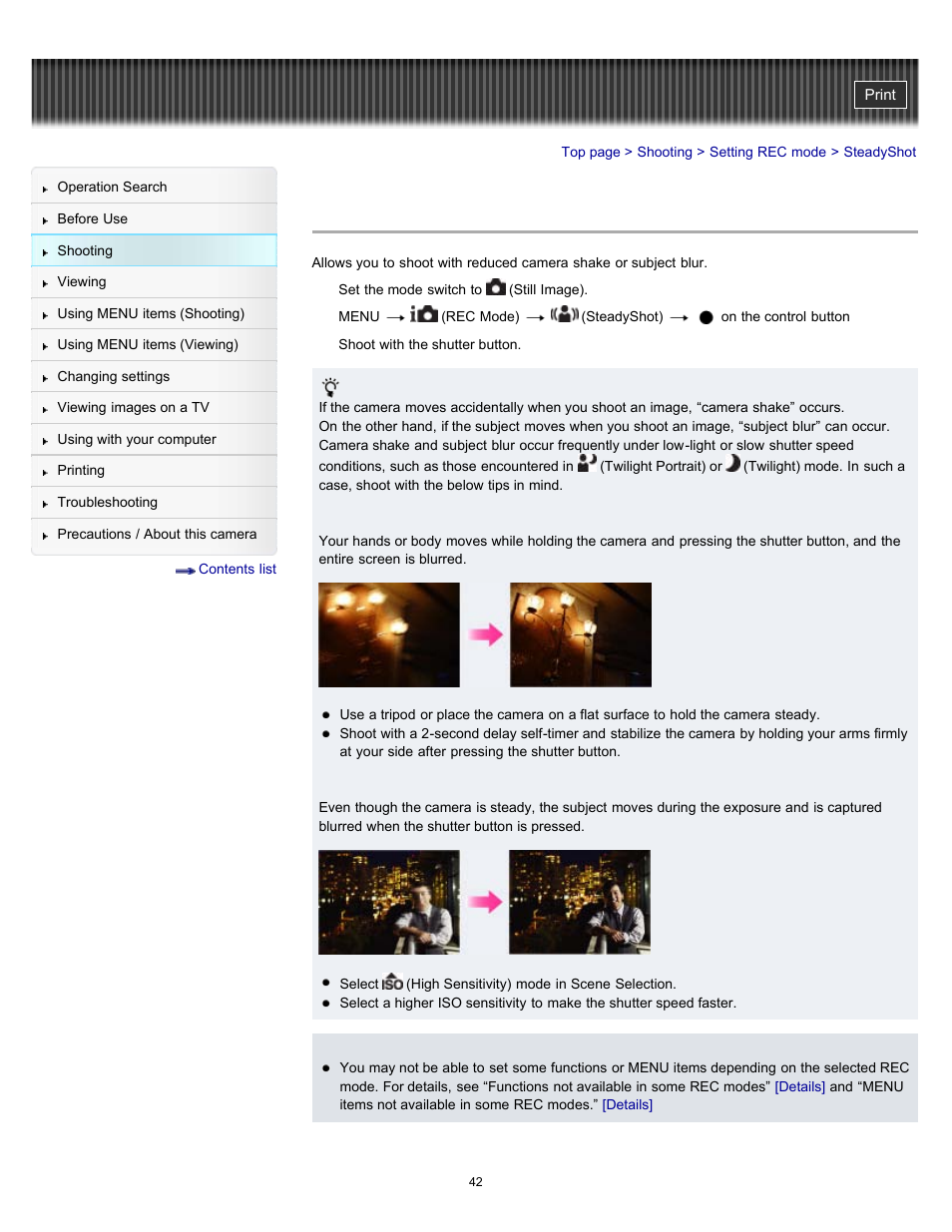 Steadyshot | Sony DSC-W510 User Manual | Page 42 / 167