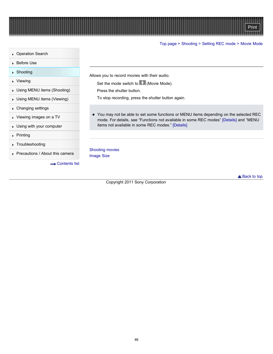 Movie mode | Sony DSC-W510 User Manual | Page 46 / 167