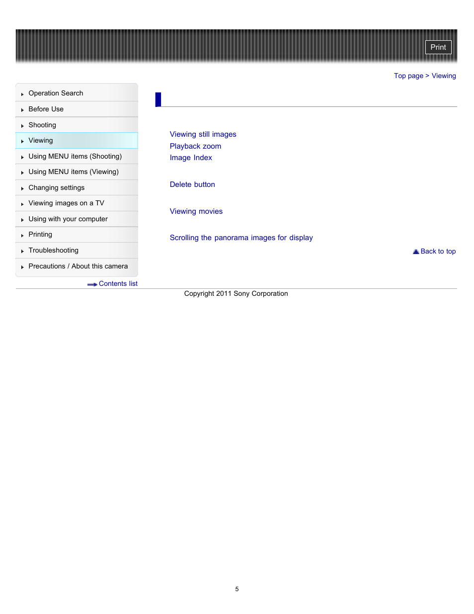 Viewing | Sony DSC-W510 User Manual | Page 5 / 167