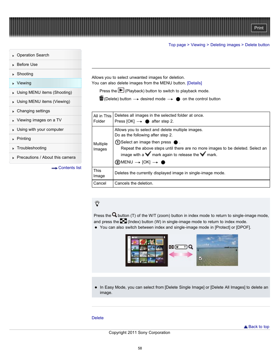 Delete button | Sony DSC-W510 User Manual | Page 58 / 167