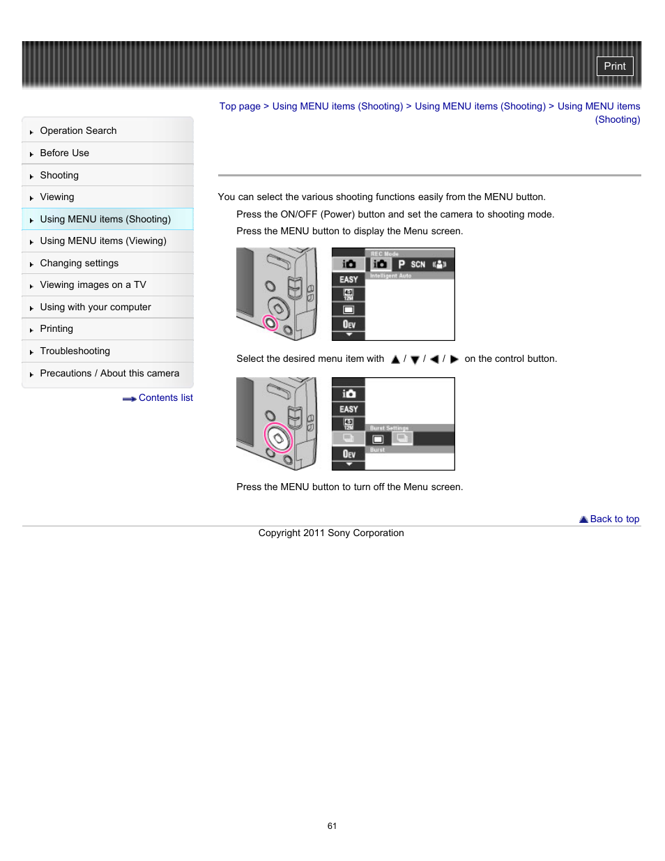 Using menu items (shooting) | Sony DSC-W510 User Manual | Page 61 / 167