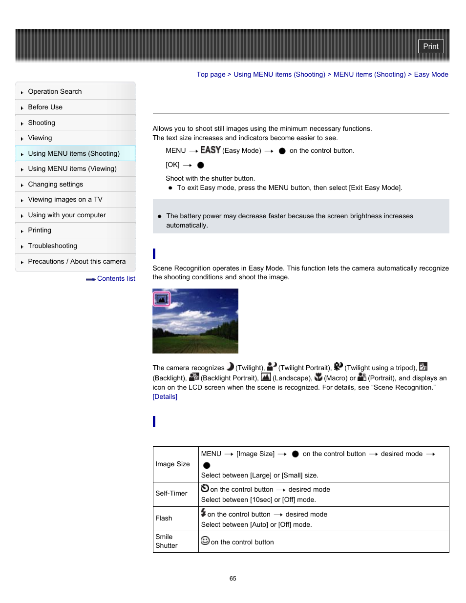 Easy mode | Sony DSC-W510 User Manual | Page 65 / 167