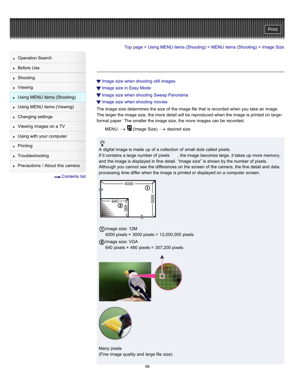 Image size | Sony DSC-W510 User Manual | Page 68 / 167