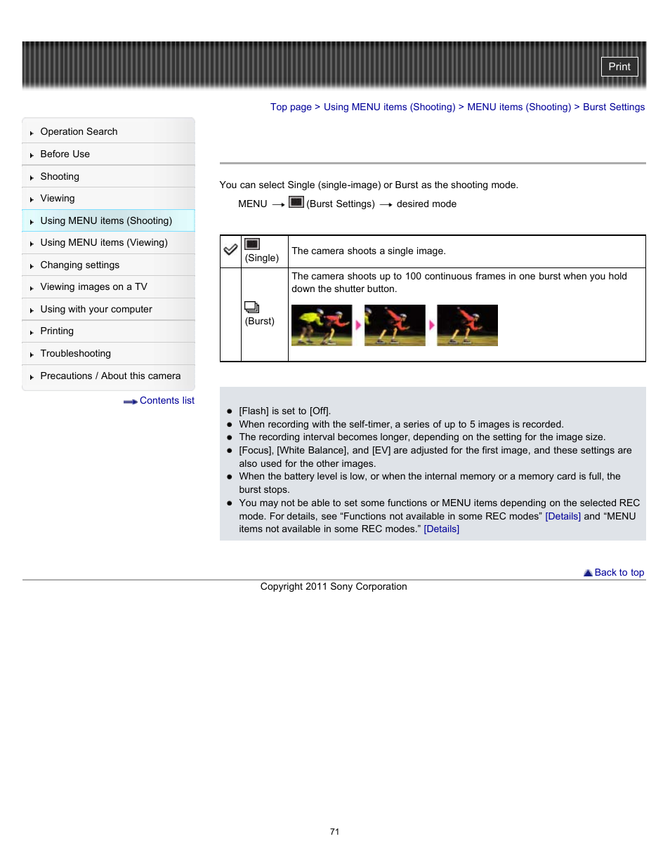 Burst settings | Sony DSC-W510 User Manual | Page 71 / 167