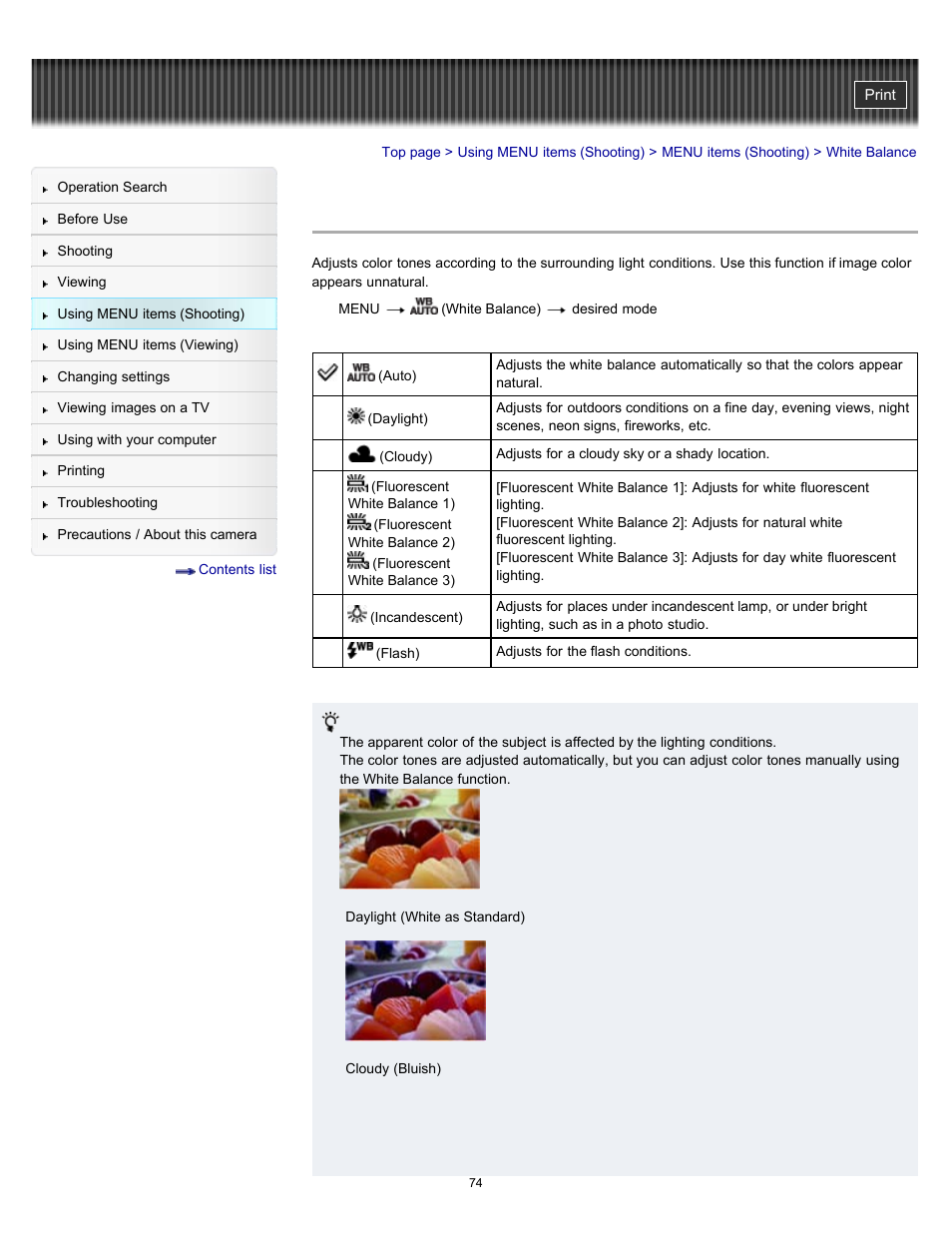 White balance | Sony DSC-W510 User Manual | Page 74 / 167