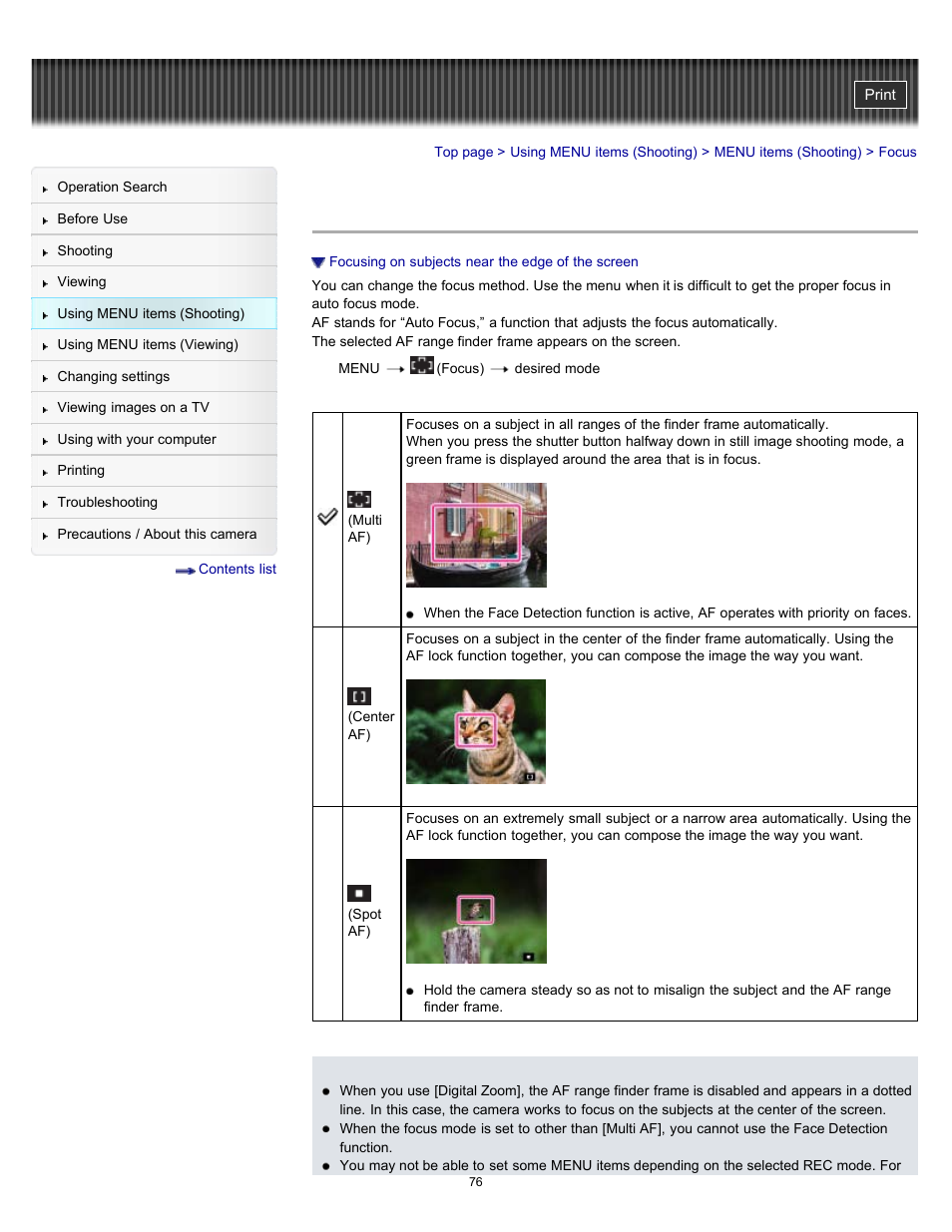 Focus, Details | Sony DSC-W510 User Manual | Page 76 / 167