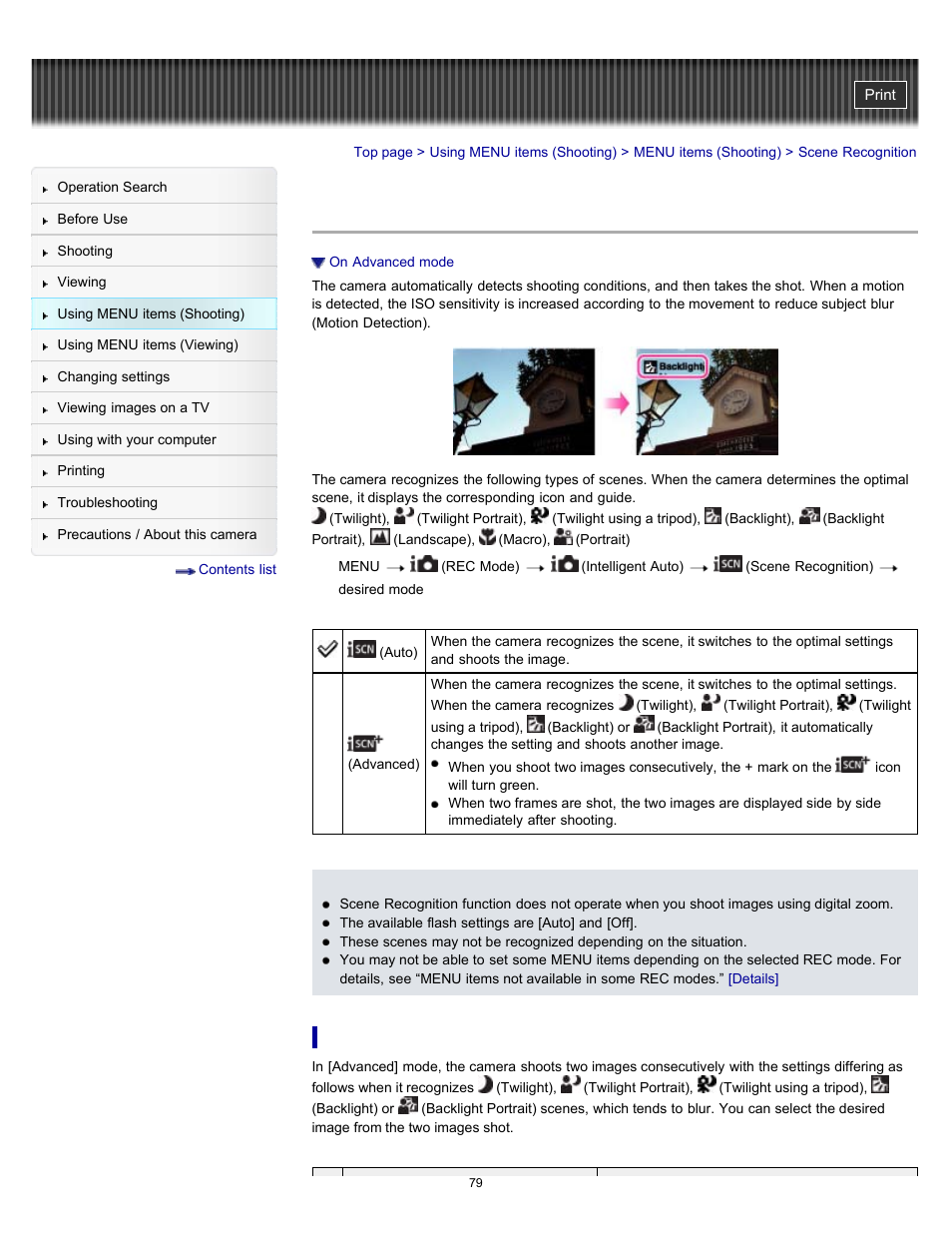 Scene recognition, Details | Sony DSC-W510 User Manual | Page 79 / 167