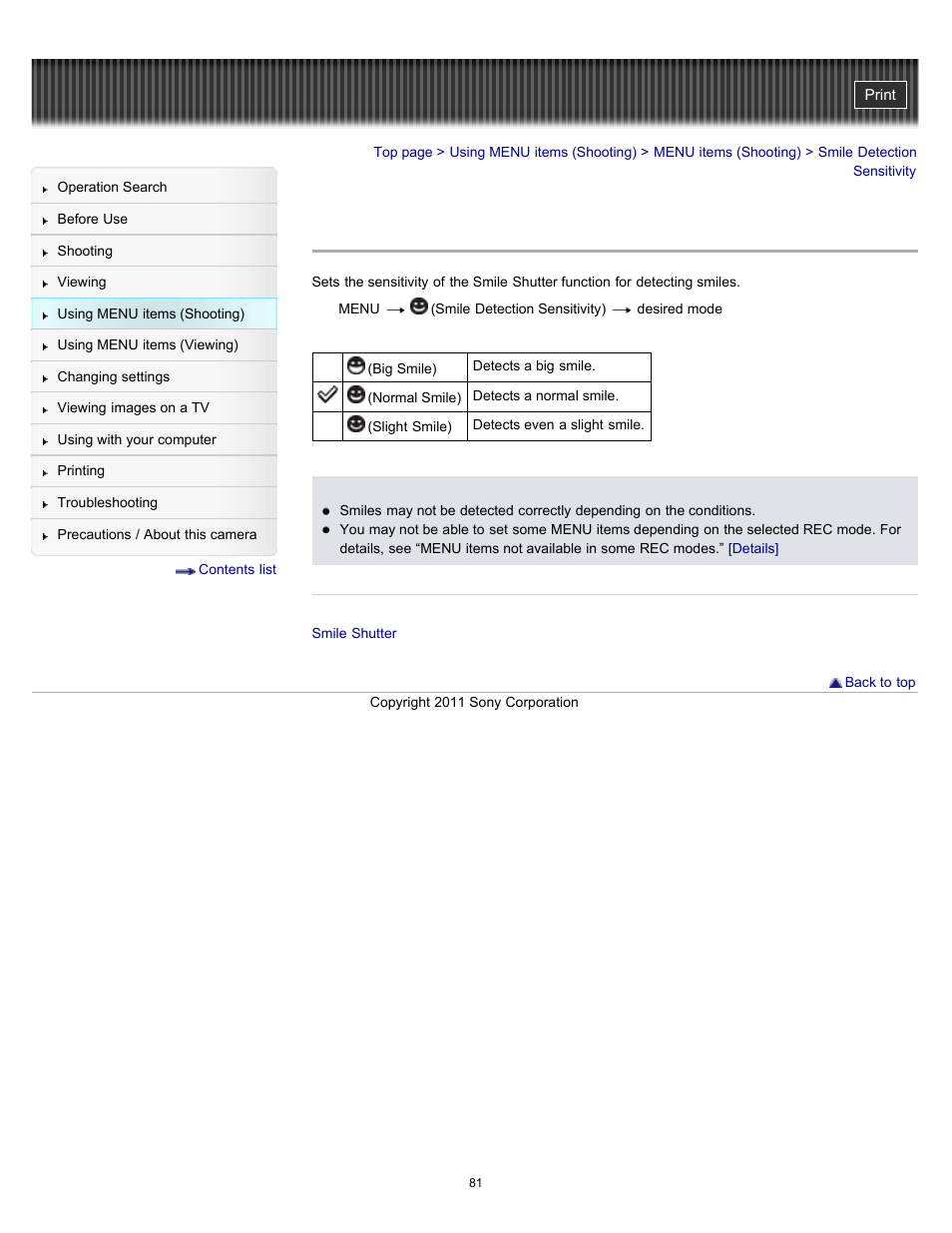 Smile detection sensitivity | Sony DSC-W510 User Manual | Page 81 / 167