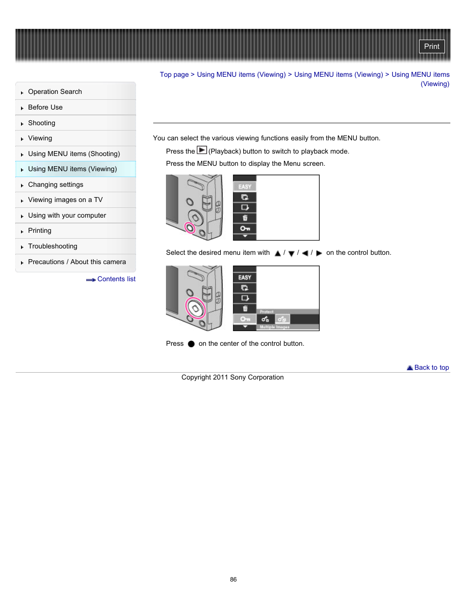 Using menu items (viewing) | Sony DSC-W510 User Manual | Page 86 / 167