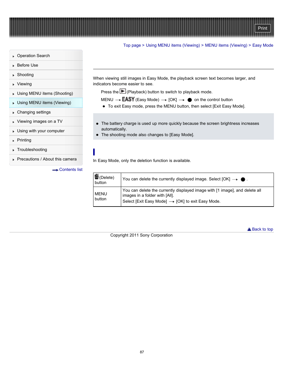 Easy mode | Sony DSC-W510 User Manual | Page 87 / 167
