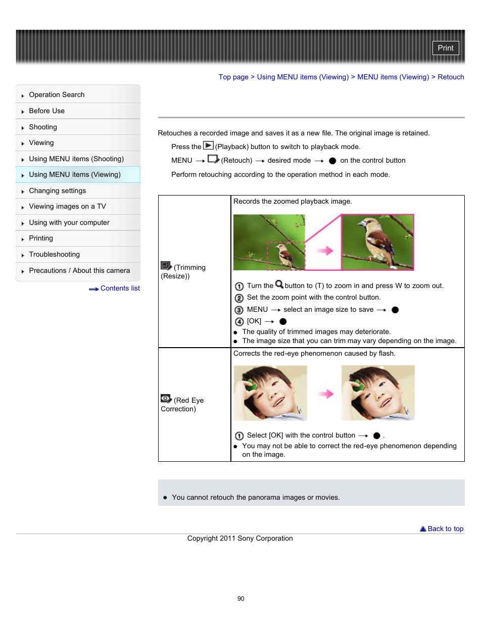 Retouch, Trimming (resize)) | Sony DSC-W510 User Manual | Page 90 / 167