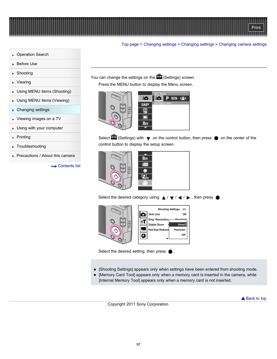 Changing camera settings | Sony DSC-W510 User Manual | Page 97 / 167