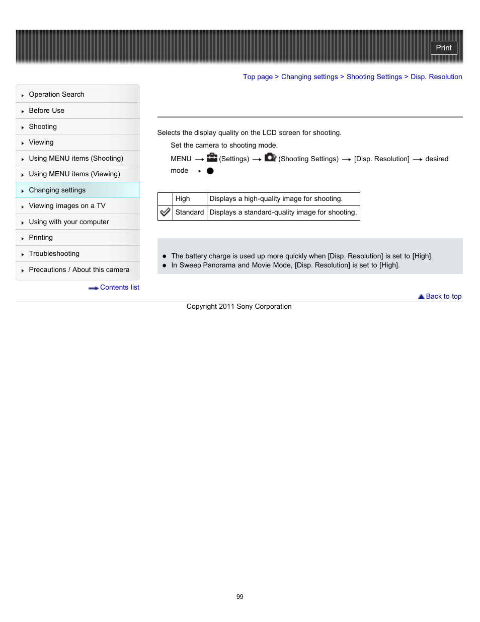 Disp. resolution | Sony DSC-W510 User Manual | Page 99 / 167