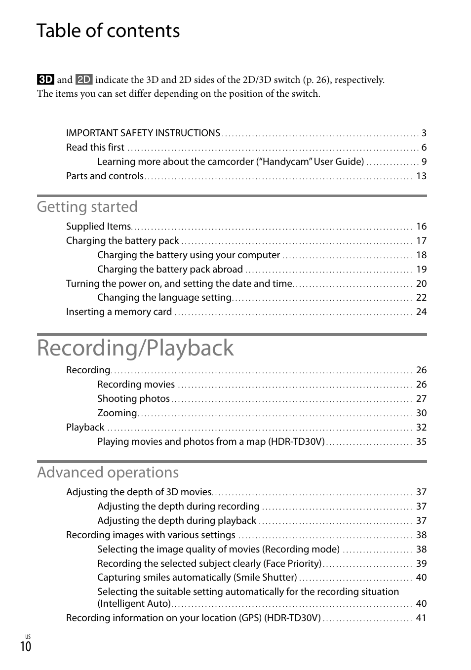 Sony HDR-TD30V User Manual | Page 10 / 84