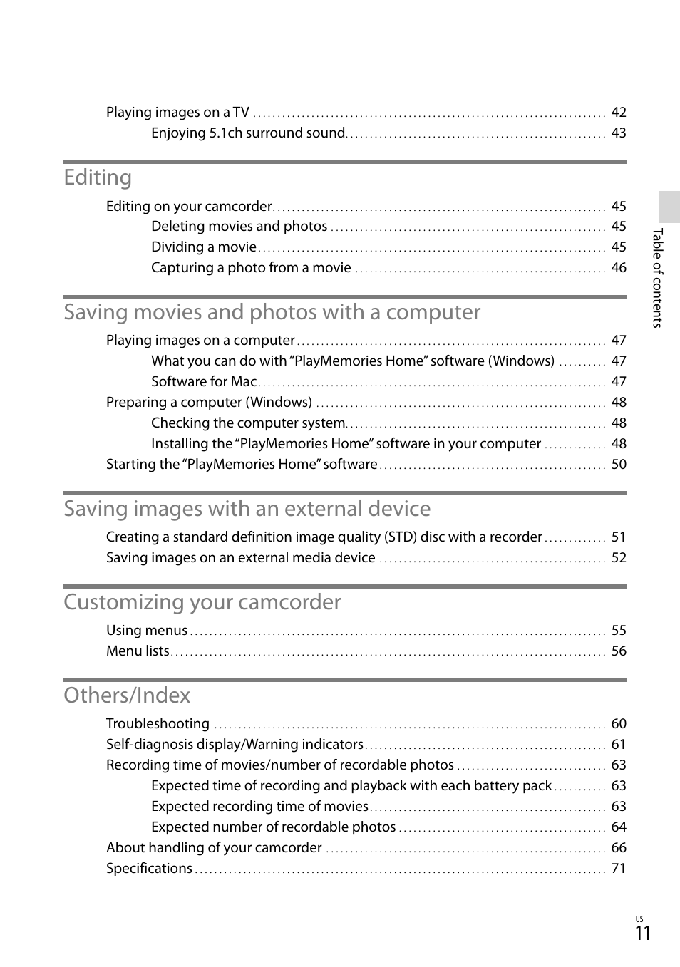Editing, Saving movies and photos with a computer, Saving images with an external device | Customizing your camcorder, Others/index | Sony HDR-TD30V User Manual | Page 11 / 84