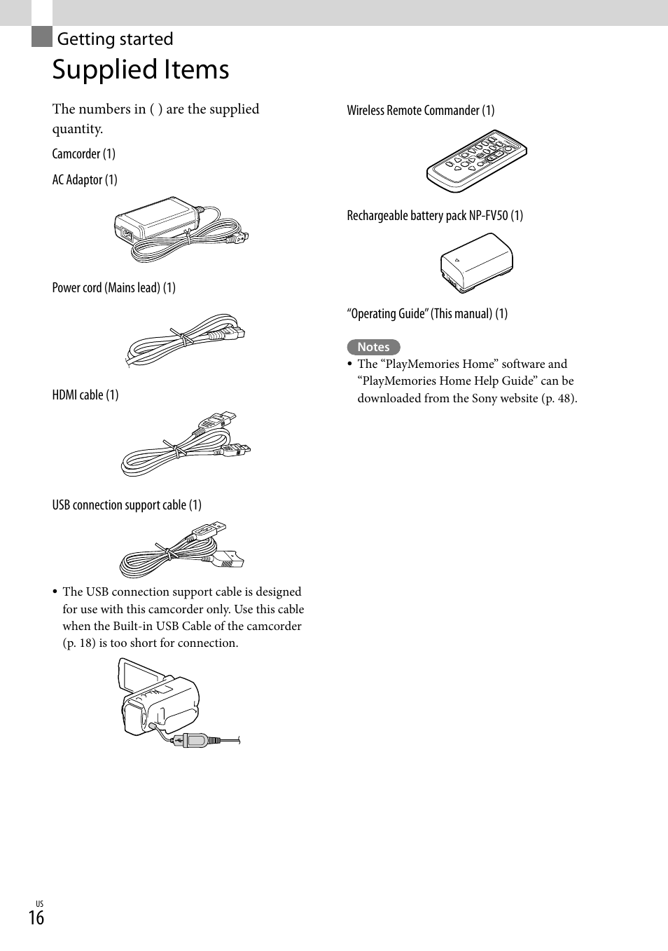 Getting started, Supplied items | Sony HDR-TD30V User Manual | Page 16 / 84