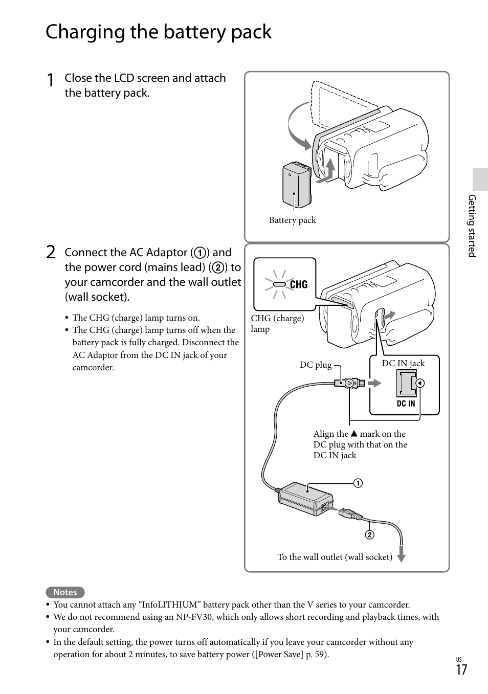 Charging the battery pack, Y pack (17), Ge) lamp (17) | Dc in jack (17) | Sony HDR-TD30V User Manual | Page 17 / 84