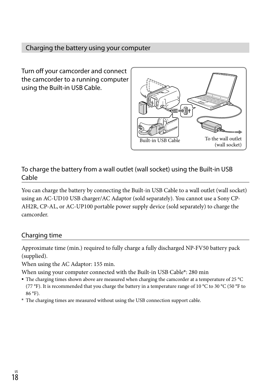 Charging the battery using your computer, Able (18, 48) | Sony HDR-TD30V User Manual | Page 18 / 84