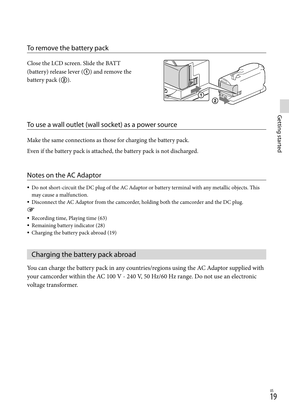 Charging the battery pack abroad, Er (19) | Sony HDR-TD30V User Manual | Page 19 / 84