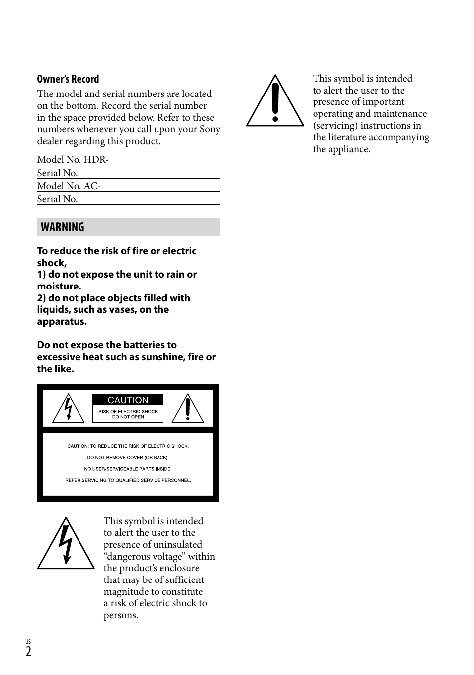 Warning | Sony HDR-TD30V User Manual | Page 2 / 84