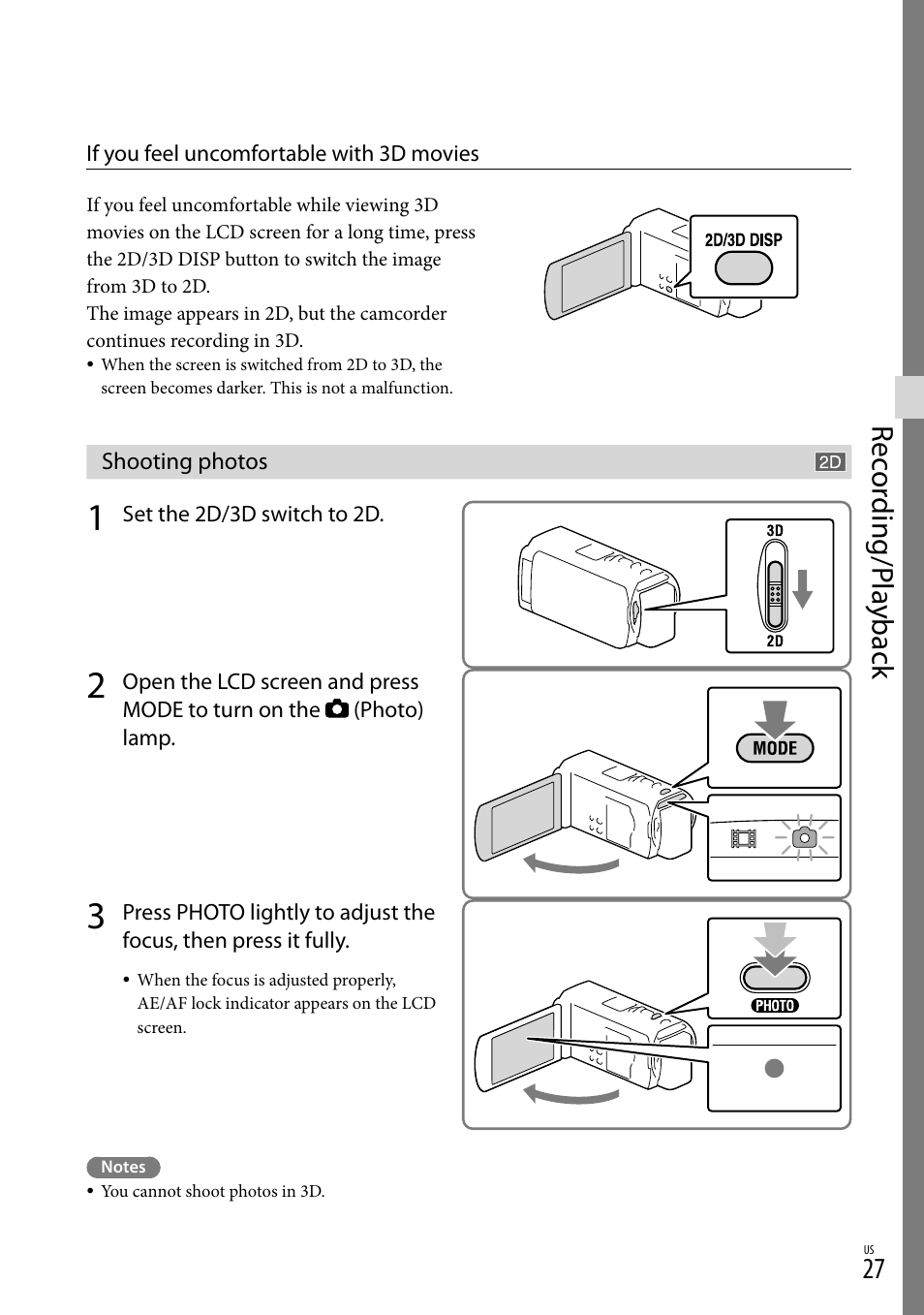 Shooting photos, On (27), Rec or ding/p la yback | Sony HDR-TD30V User Manual | Page 27 / 84