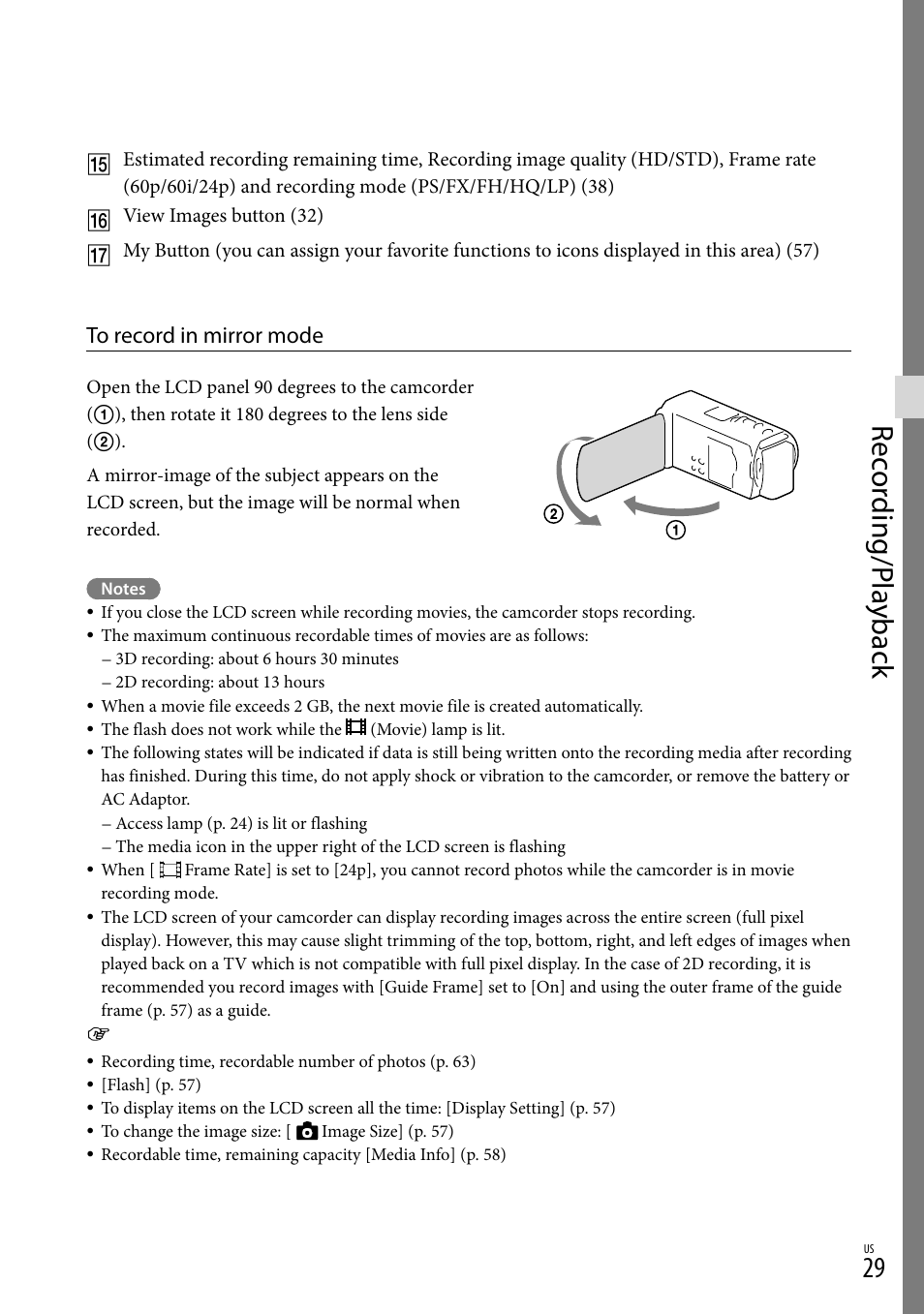 Rec or ding/p la yback | Sony HDR-TD30V User Manual | Page 29 / 84