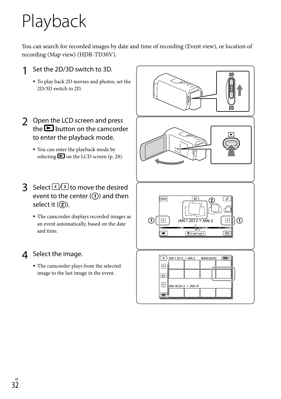 Playback, On (32), N (32) | Sony HDR-TD30V User Manual | Page 32 / 84